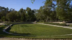 Unique natural amphitheater ceremony space at Galway Downs with tiered grass seating, stone retaining walls, mature trees, and open lawn perfect for large outdoor weddings in Temecula wine country