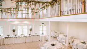Expansive two-story reception ballroom showing upper balcony decorated with draped greenery garland, head table with floral arrangements, and round guest tables on main floor at Lionscrest Manor in Colorado