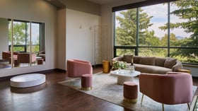 Elegant bridal suite at The Pines featuring blush velvet chairs, a cozy brown sofa, gold accents, and large windows overlooking the forested mountain landscape.