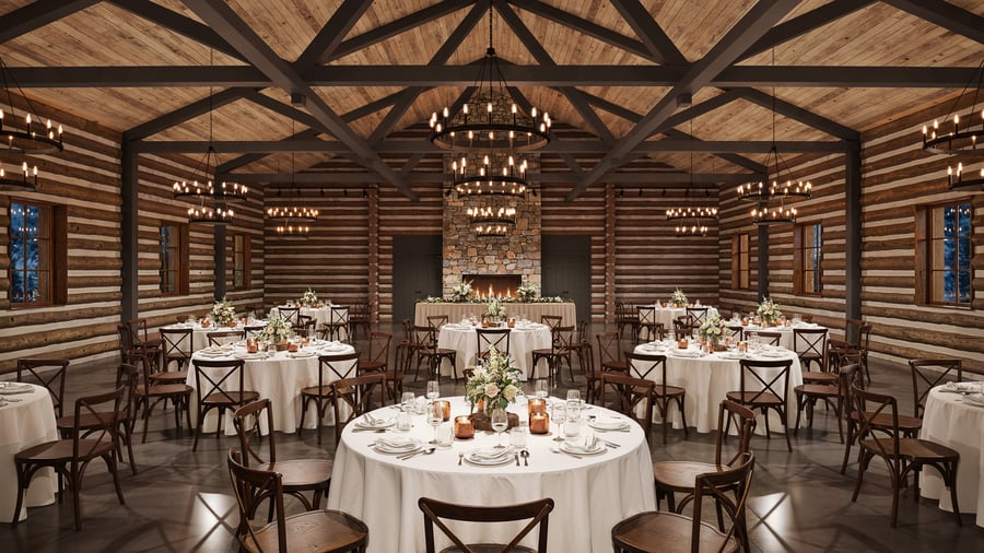 Elegant event space at Casa del Rio Fresno featuring exposed log walls, vaulted wooden ceiling with dark beams, multiple round dining tables with white tablecloths, crossback wooden chairs, floral centerpieces, and a central stone fireplace with ambient lighting from multiple chandeliers.