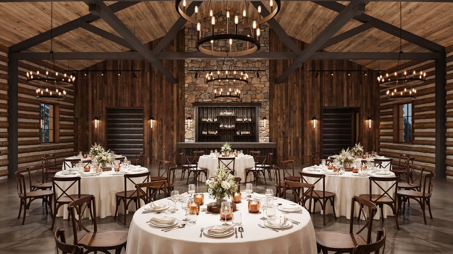 Log Cabin Style Banquet Hall at Casa del Rio Fresno - Rustic Log Cabin Interior with Stone Bar and Chandeliers