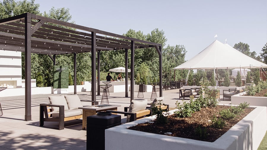 Outdoor cocktail patio with pavilion - Creekside Terrace by Wedgewood Events