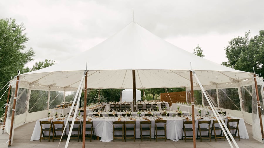 Rectangular tables setup in outdoor pavilion - Creekside Terrace by Wedgewood Events