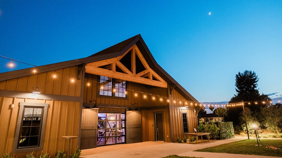 Night time view of event barn - Canopy Grove by Wedgewood Events